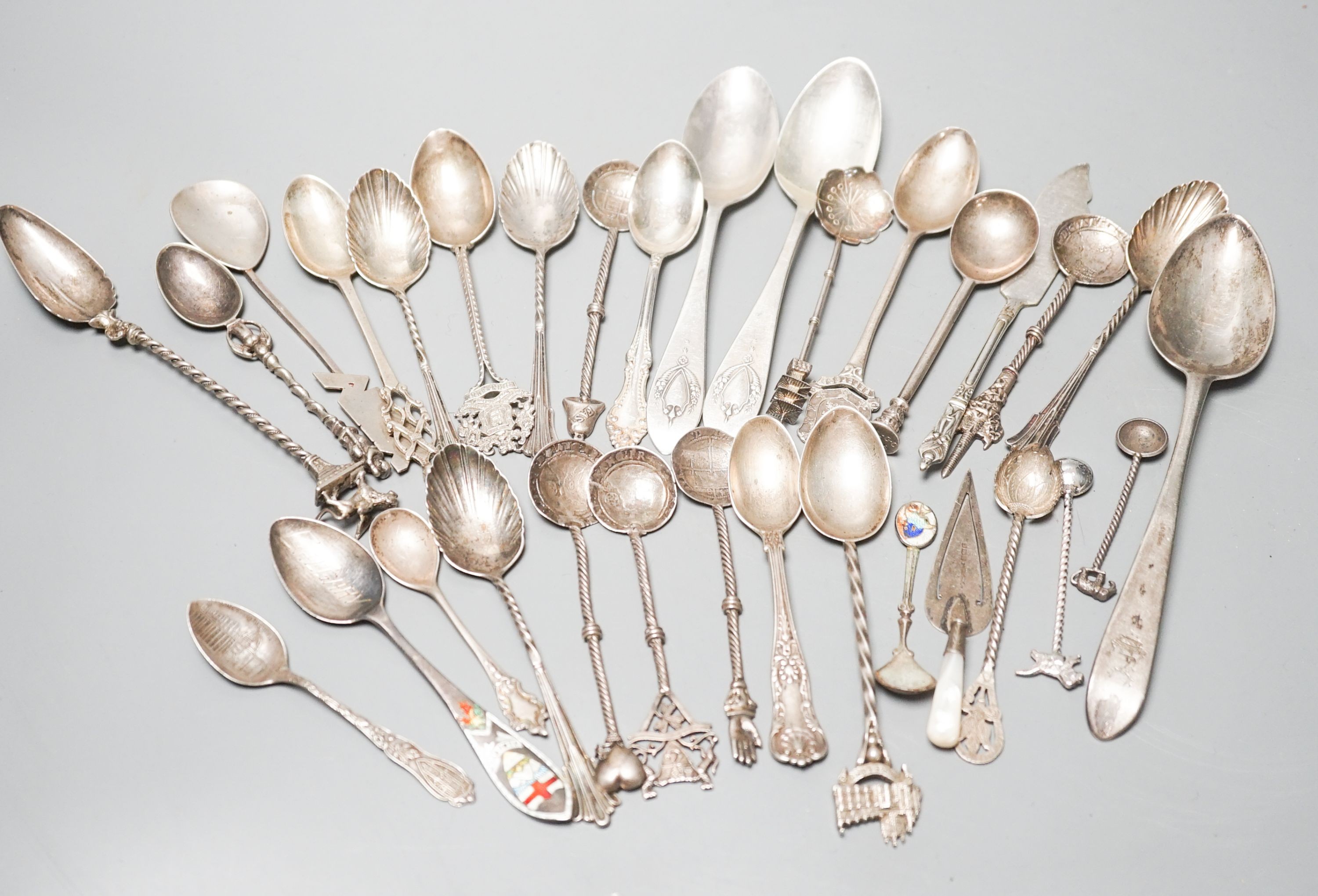 A group of assorted mainly silver and white metal minor flatware and a silver bookmark.